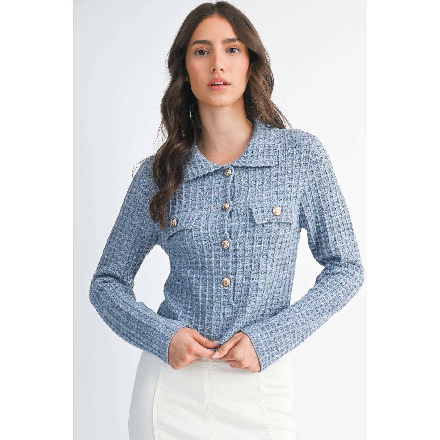 SKYBLUE RIBBED KNIT CARDIGAN WITH GOLD BUTTON ACCENTS for wholesale on Faire2