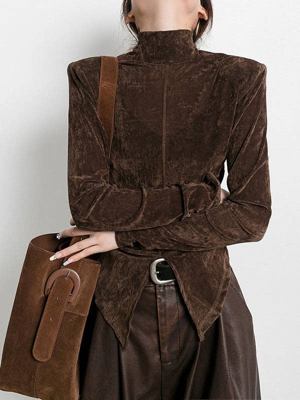 VividLux - Wholesale Blouse - Women's - High-Low Long Sleeves Solid Color Split-Front Velvet Mock Neck T-Shirts Tops4