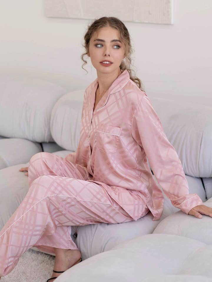Pink Squared Button Front Long Sleeves Pajama Set for wholesale by KTNN Studio Inc.