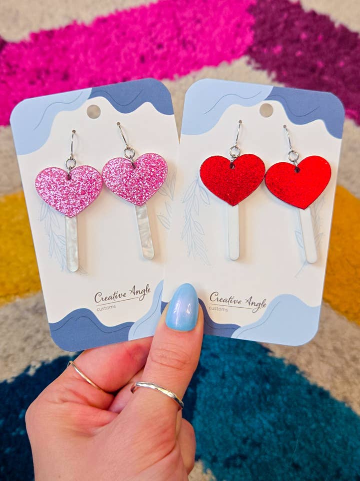 Heart Lollipop Valentine's Day Earrings | Nickel Free Dangle for wholesale by Creative Angle Customs