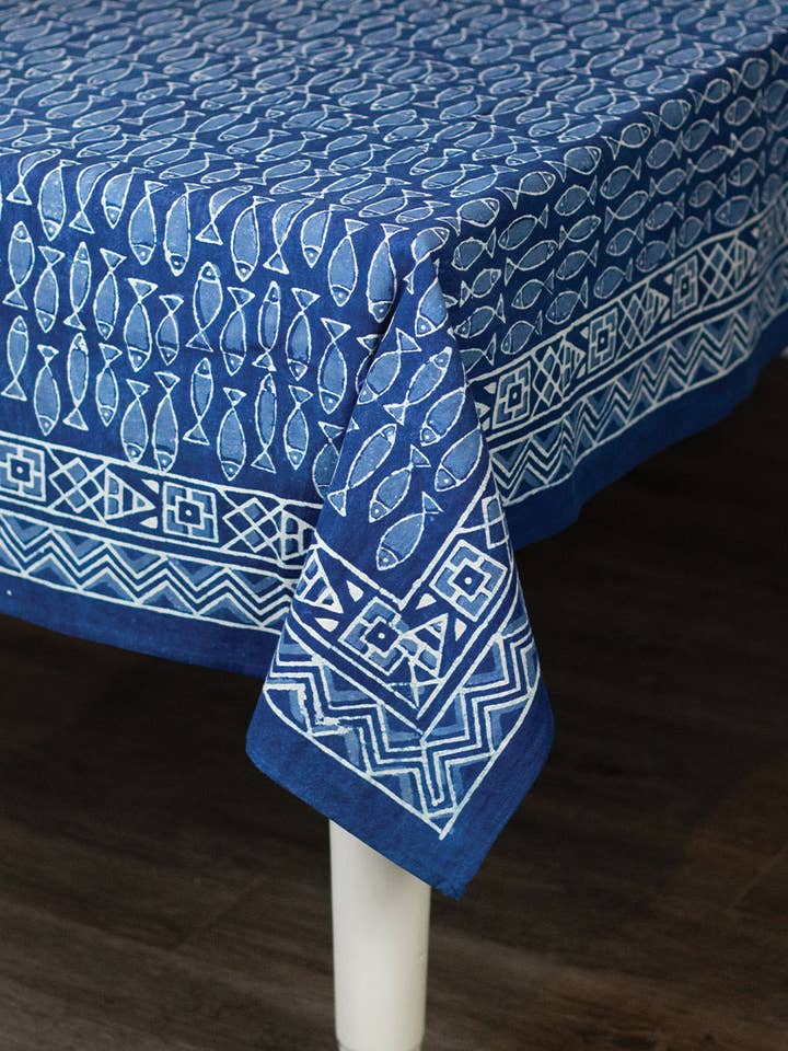 Indigo Fish Tablecloth for wholesale by Sevya Handmade