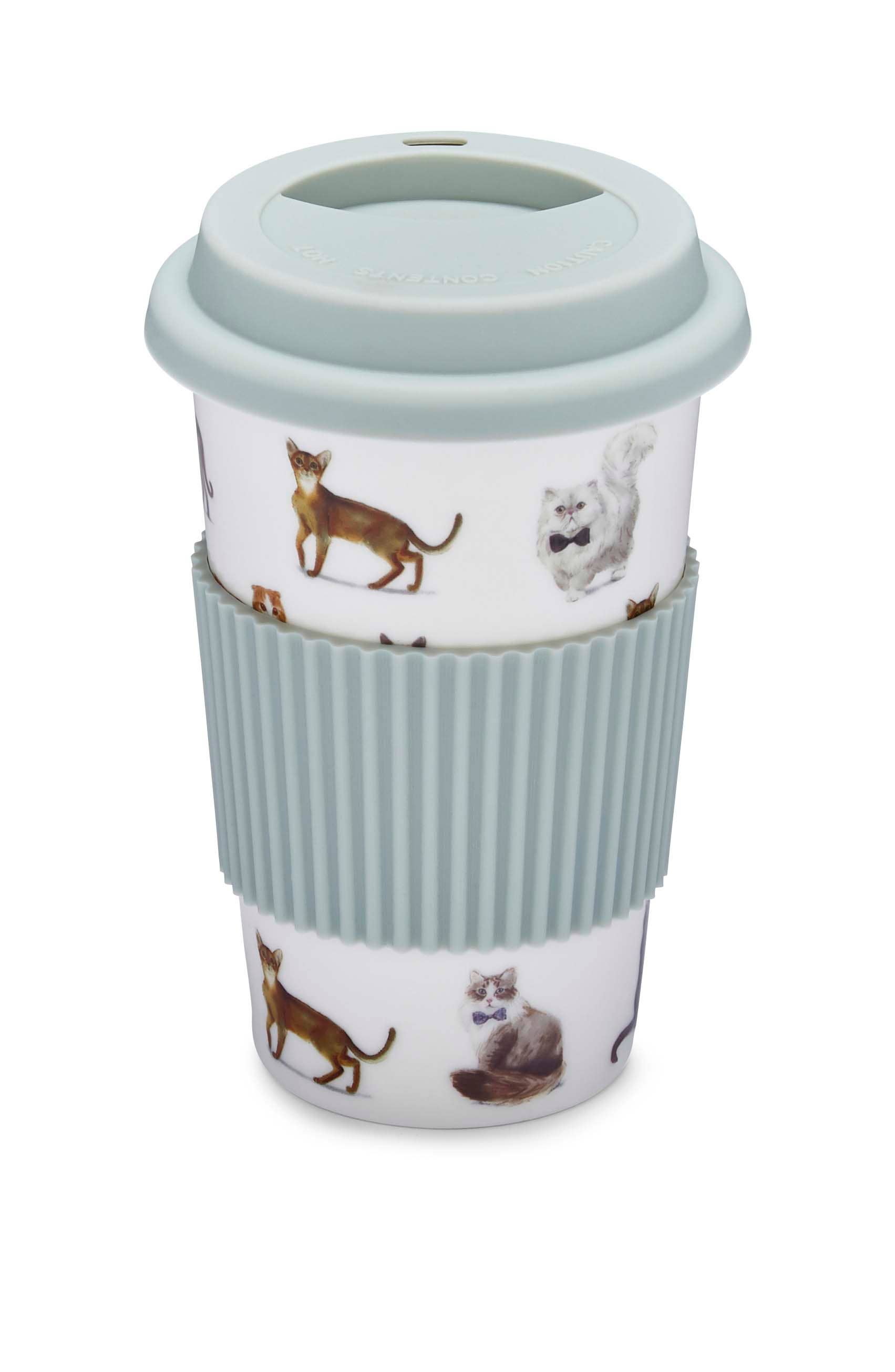 Multi Ceramic Travel Mug with Silicone Band Curious Cats for wholesale on Faire1