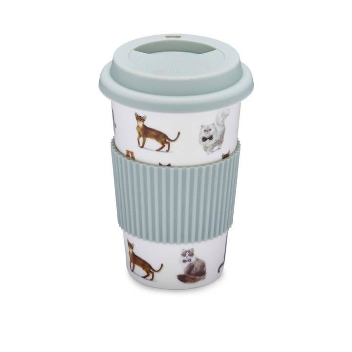 Multi Ceramic Travel Mug with Silicone Band Curious Cats for wholesale on Faire1