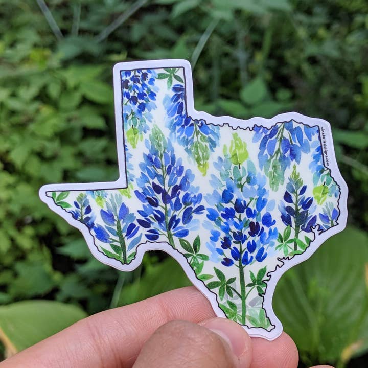 Texas state map bluebonnet vinyl sticker for wholesale by Nina Belle Designs