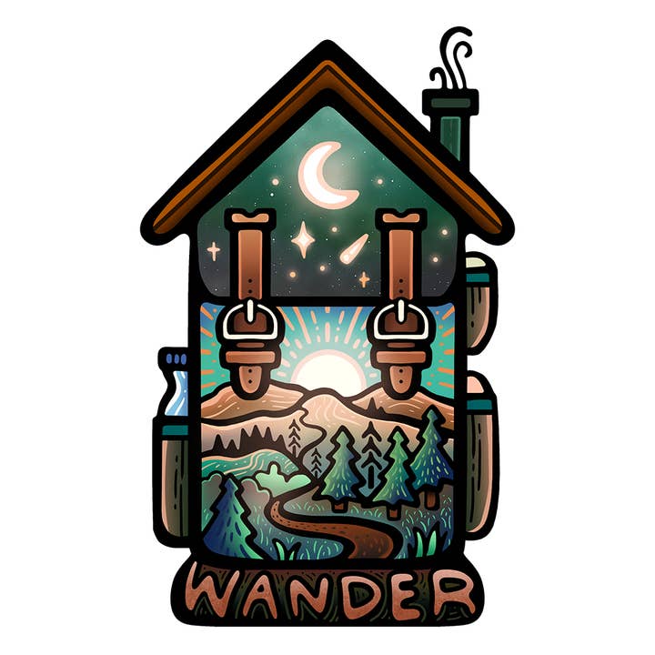 Camping Backpacking Cabin Hiking Outdoor Stickers for wholesale by Sticker Art