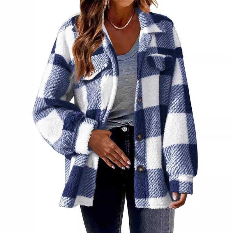 FurDecoration - Wholesale Jacket - Women's - Pocketed Plush Checkered Jacket3
