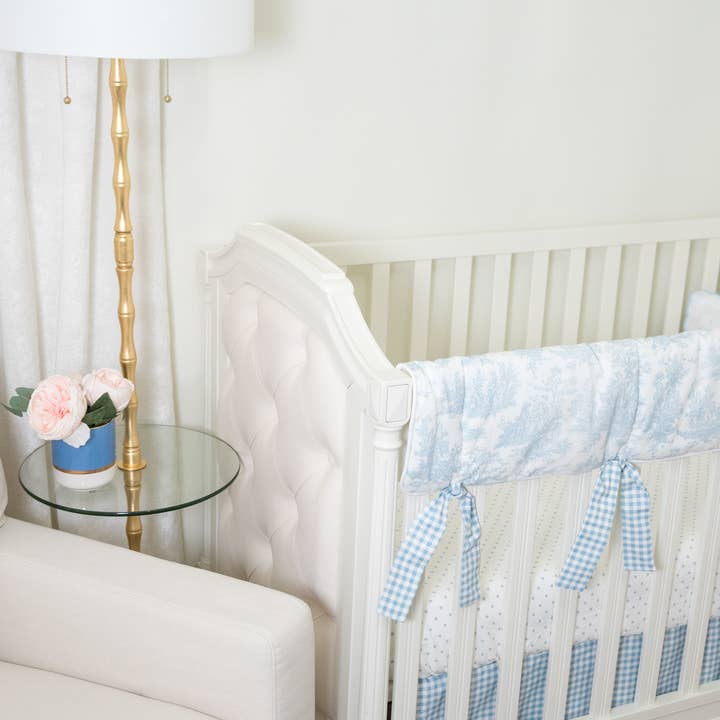 Liz And Roo - Wholesale Cot/Crib Sheets - Light Blue Toile Crib Rail Cover with Gingham Fabric Ties