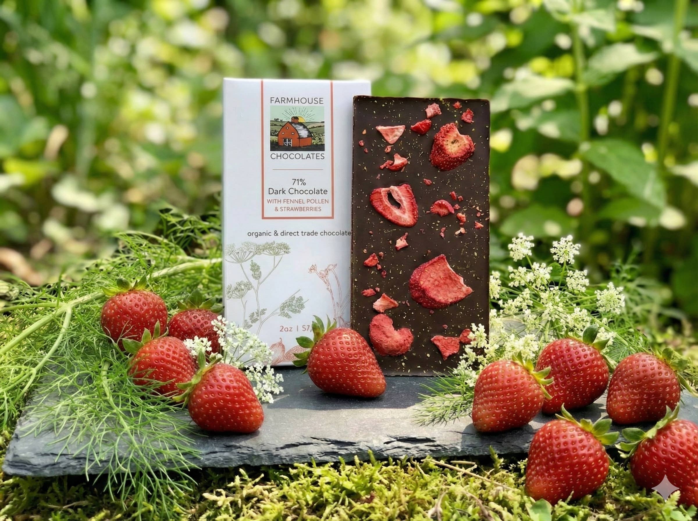 Farmhouse Chocolates - Wholesale Chocolate Bar - 71% Organic Chocolate Bar w/ Fennel Pollen & Strawberries