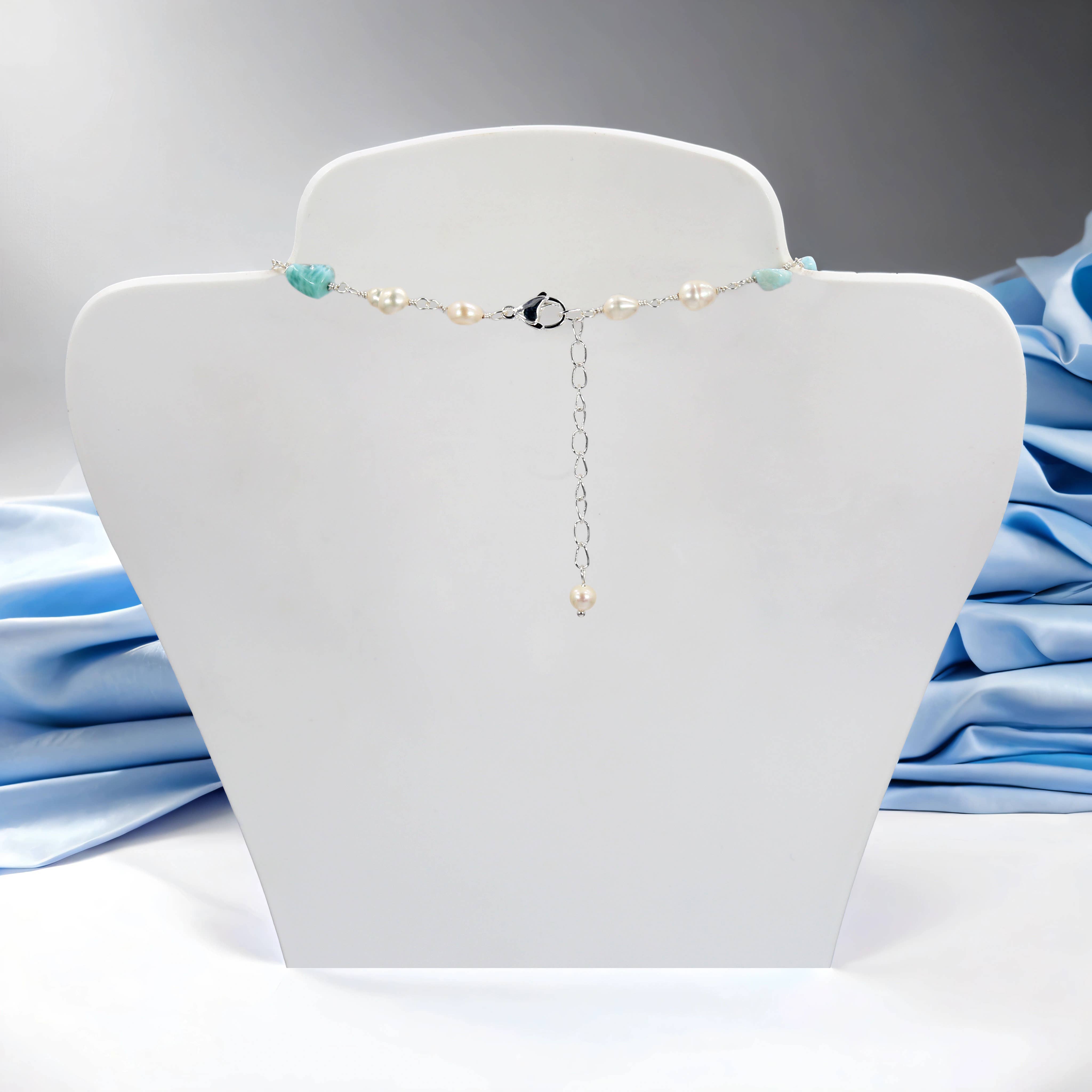 IST Jewelry – Engroshandel Perlehalskæde –  Larimar og kultiveret perle kort halskæde2