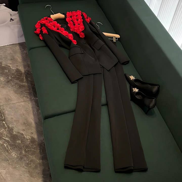 SY531 3D Rosen V-Ausschnitt Blazer & Hochtaillierte Gerade Hose Set für den Großhandel von Sanyao Fashion
