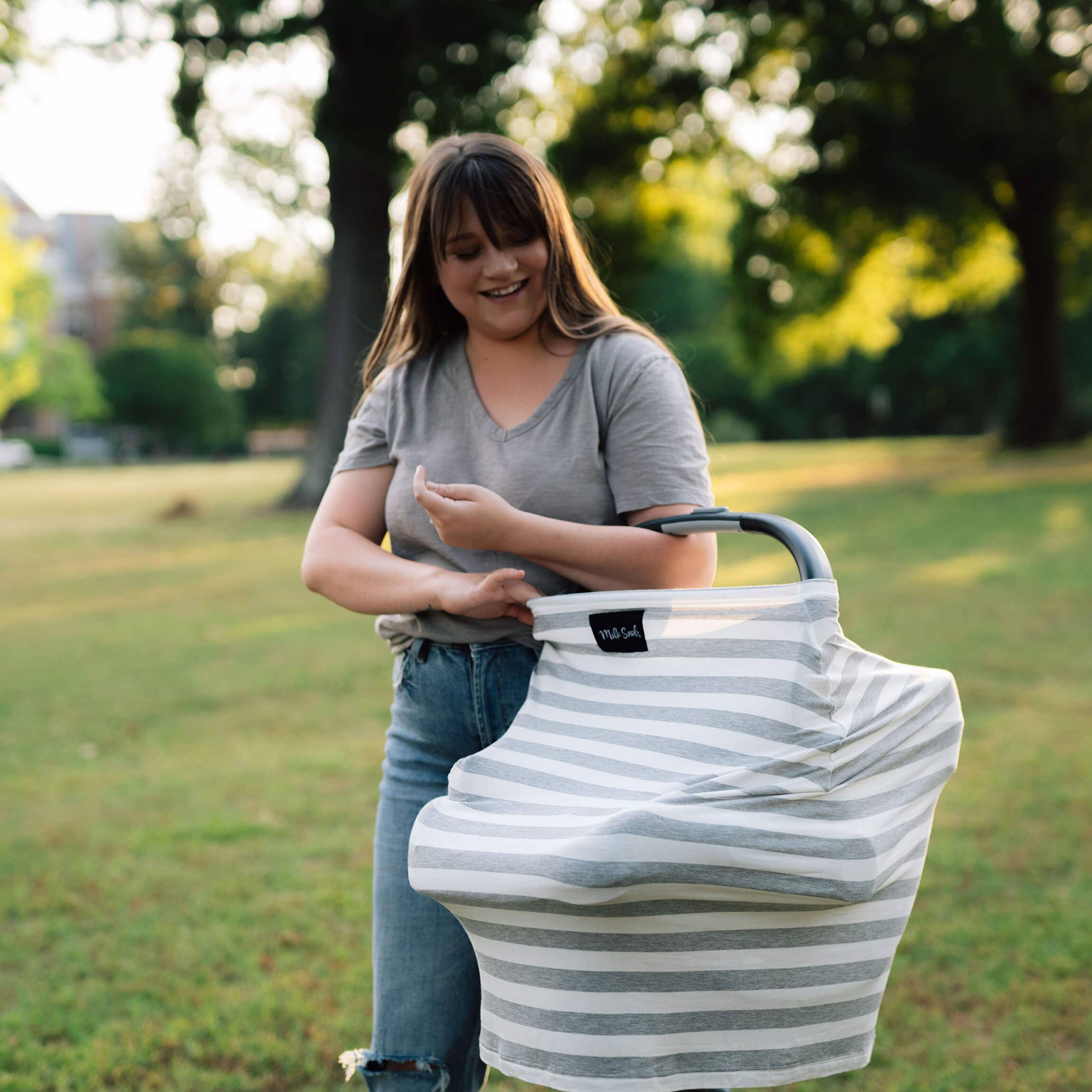 Milk Snob - Wholesale Car Seat Cover - Kids & Baby - Original 5-in-1 Multifunctional Cover Cream & Grey Stripe3