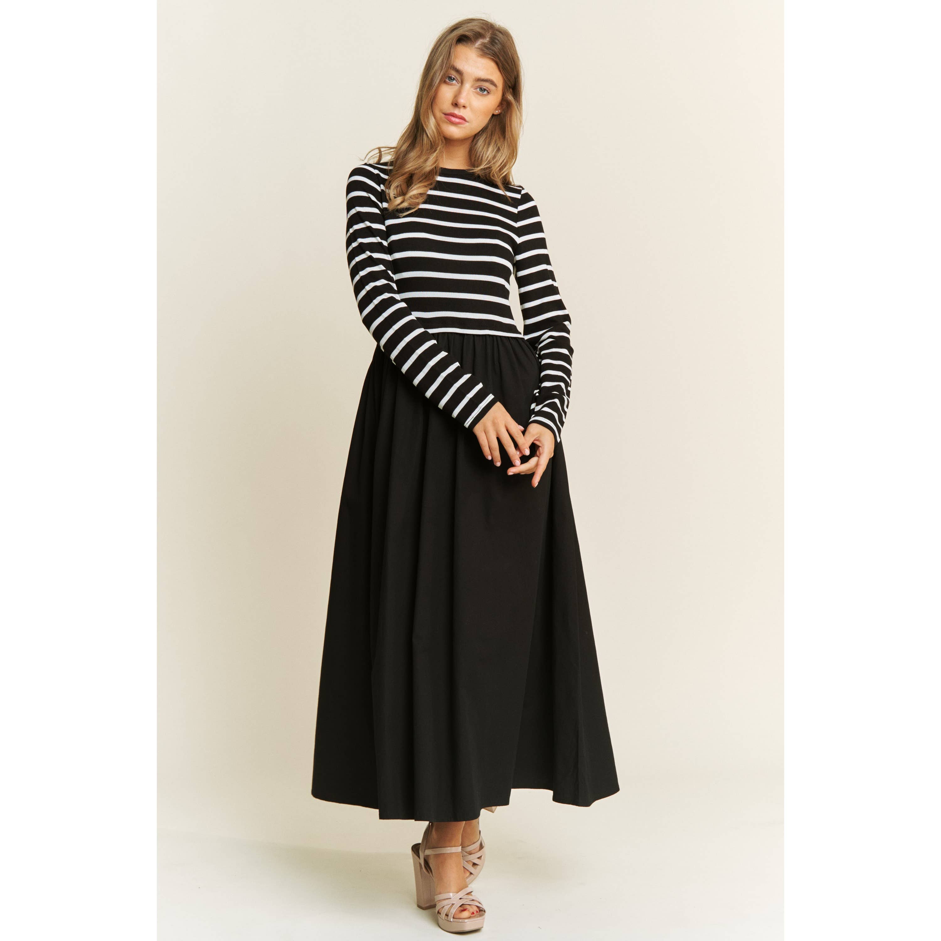 Sweet Generis - Wholesale Dress - Women's - COTTON MAXI DRESS WITH KNIT STRIPE TOP WITH LONG SLEEVES8