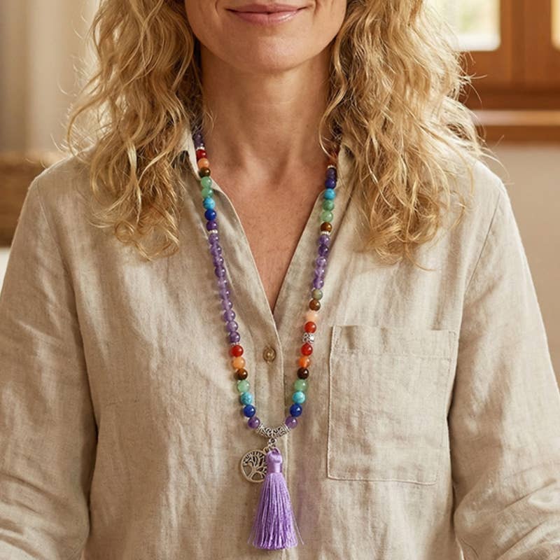 Artisans de Madagascar – Engroshandel Perlehalskæde – Ametyst Mala-halskæde med 7 chakraer, 108 perler på 6 mm1