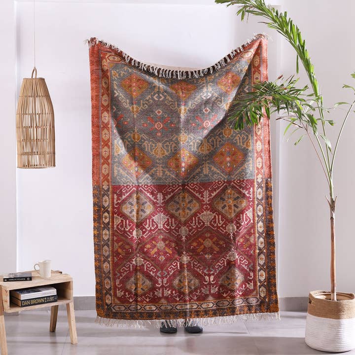 Linen Connections – Großhandel Teppichvorleger – Moroccan Oasis Boho Teppich, großflächig, Heimdekor, Rot/Grau