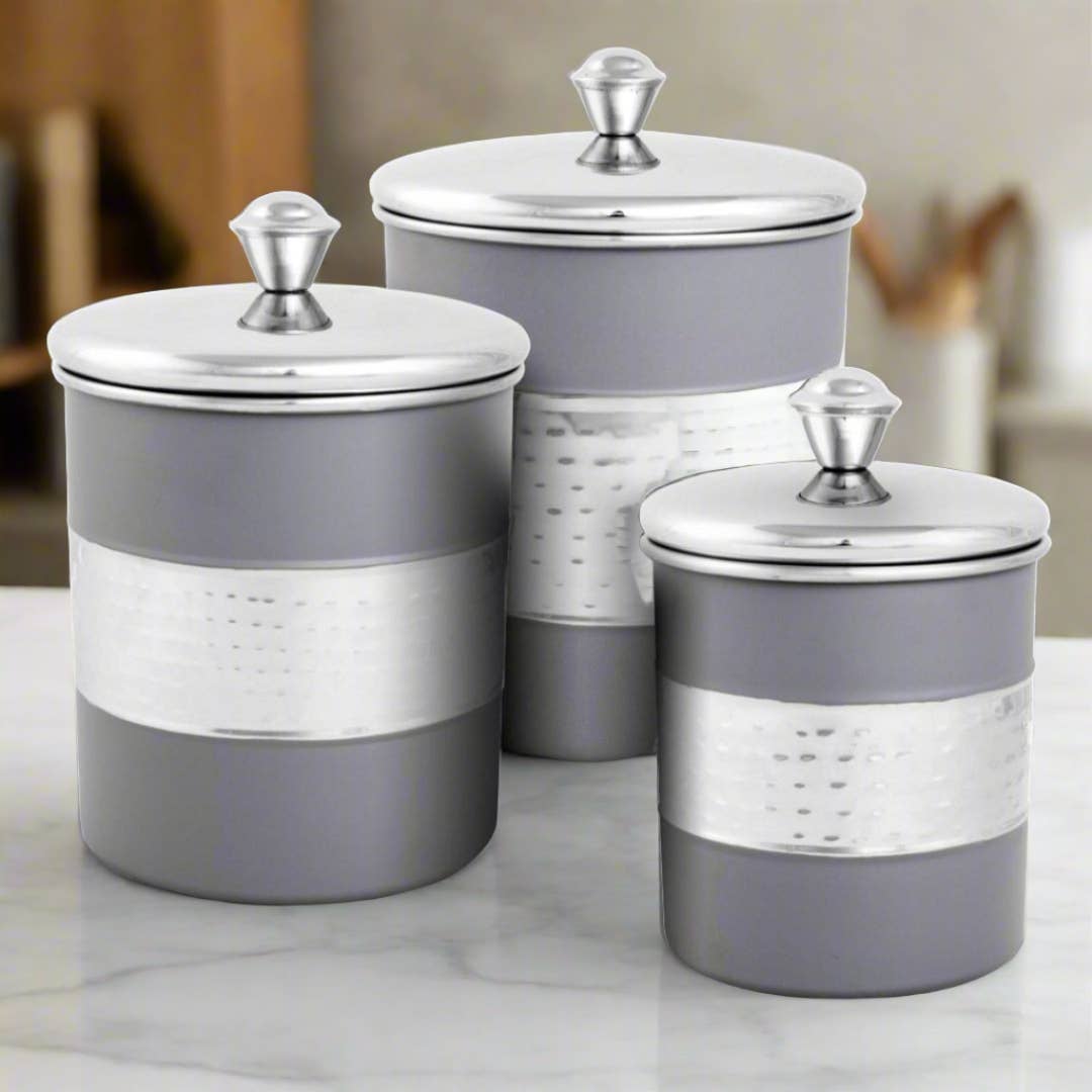 Lexi Home - Wholesale Canister Set - 3-Piece Nested Gray & Stainless Steel Hammered Canister Set1