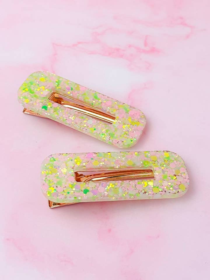 Wicked - Pink and Green iridescent Oblong Glitter Resin Hair Clips for wholesale by ThatsSewLauraUk