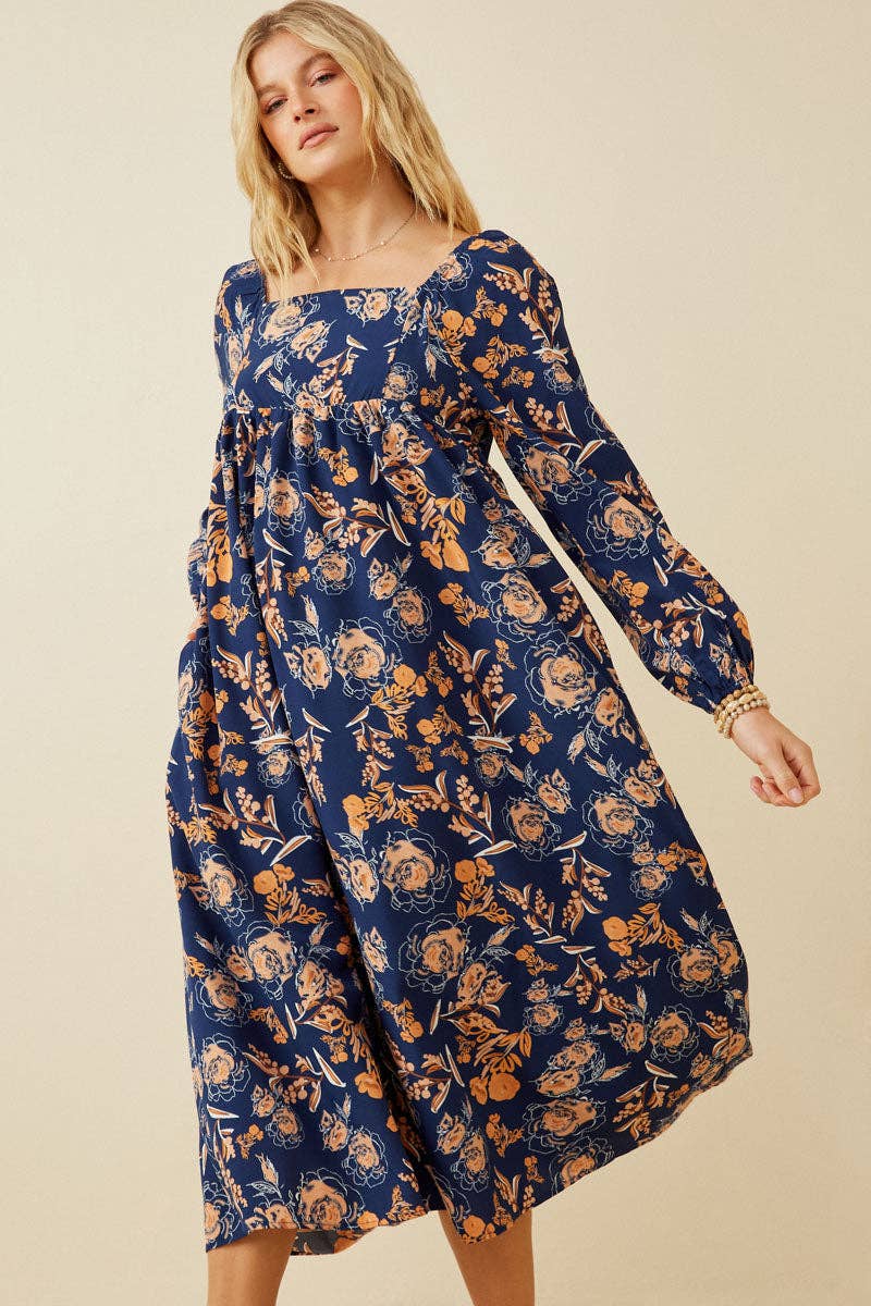 Navy Womens Romantic Floral Square Neck Midi Dress for wholesale on Faire3