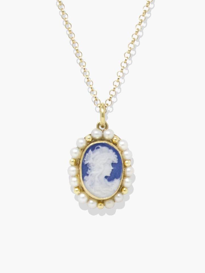 18K Gold plated Blue Cameo Necklace for wholesale by Vintouch Jewels