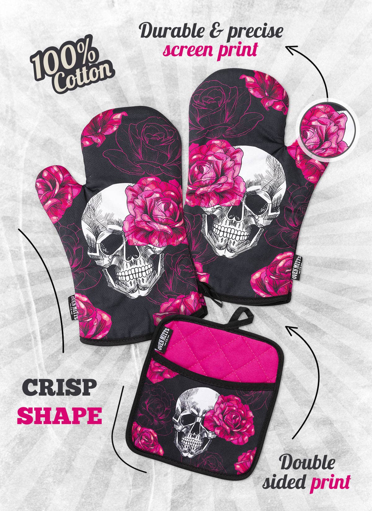 Zapps Clothing - Wholesale Oven Mitt/Pot Holder - Pink Skull Rose Oven Mitts And Potholder Set4