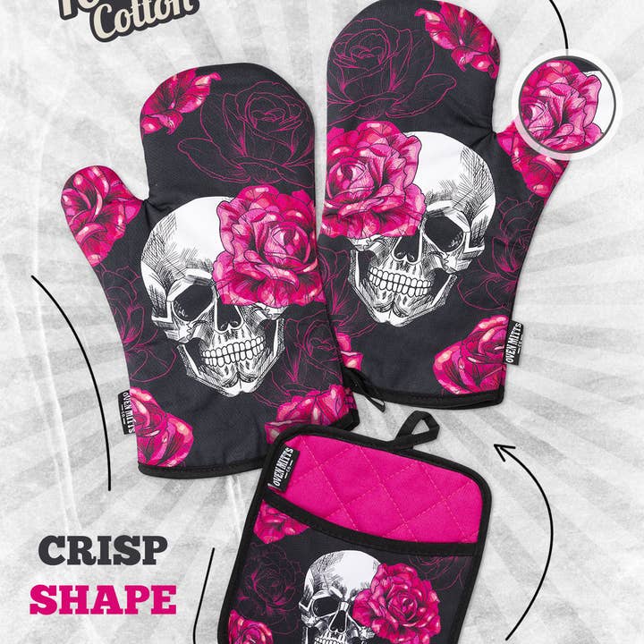 Zapps Clothing - Wholesale Oven Mitt/Pot Holder - Pink Skull Rose Oven Mitts And Potholder Set4