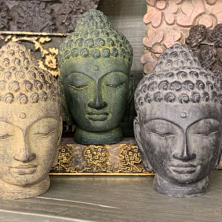 Asia West - Wholesale Decorative figurine - Buddha Head Resin Statue-Green, Brown, Grey (4.5"-8"h)1