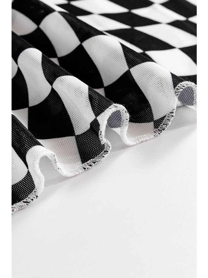 PartyEight - Wholesale Blouse - Women's - Checkered Pattern Mesh Mock Neck Long Sleeve Top13