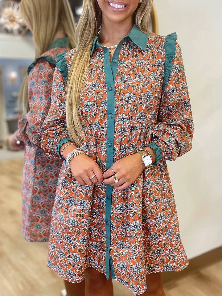 Orange Boho Floral Contrast Collared Shirt Mini Dress for wholesale by Lovesoft