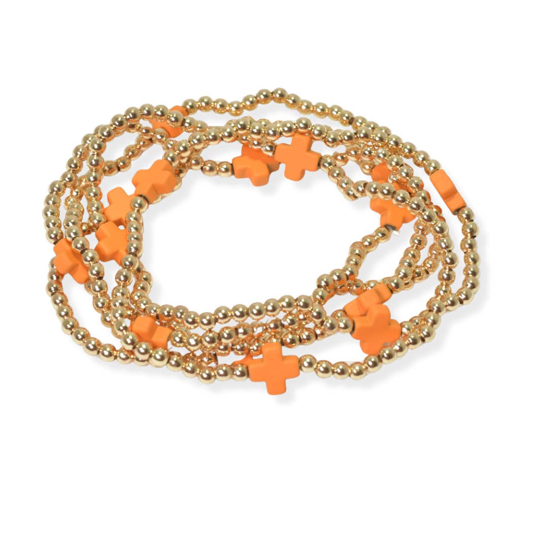 SOPHIA WHOLESALE - Wholesale Beaded Bracelet - Multi layered gold bead stretch bracelet with cross accent n21