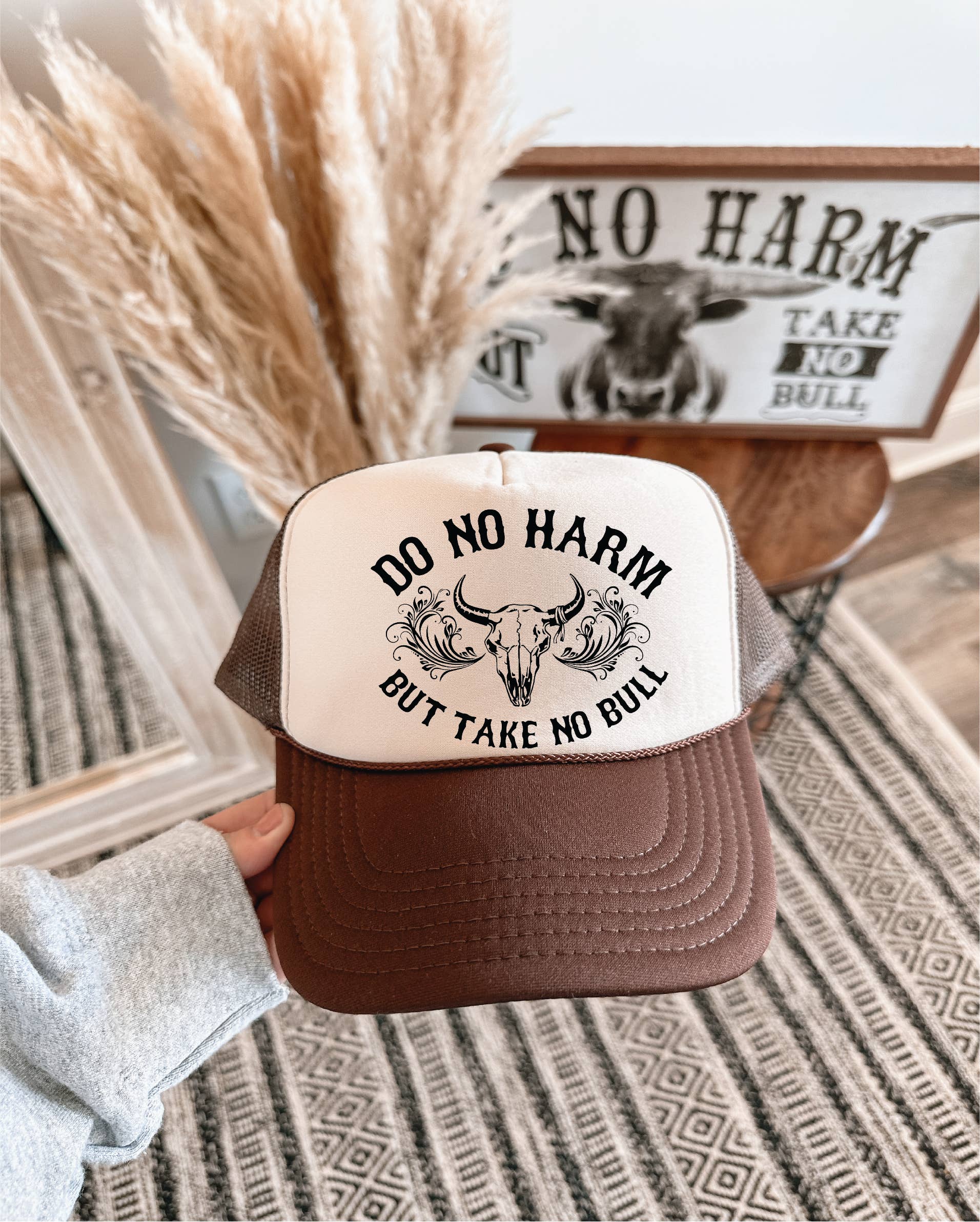 Southern Attitude Designs Inc - Wholesale Trucker Hat - Women's - Do No Harm DTF Printed Brown & Tan Trucker Hat/ Black Ink