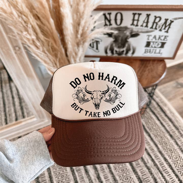 Southern Attitude Designs Inc - Wholesale Trucker Hat - Women's - Do No Harm DTF Printed Brown & Tan Trucker Hat/ Black Ink0