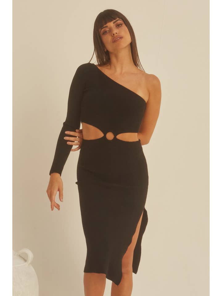 BLACK CD7606 - Rivera One Shoulder Cut-out Knit Dress for wholesale on Faire2