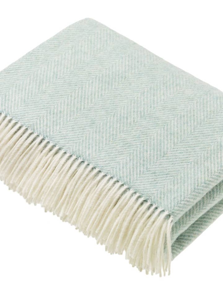 Merino Lambswool Throw Blanket - Herringbone - Eucalyptus, Made in England for wholesale by Bronte Moon