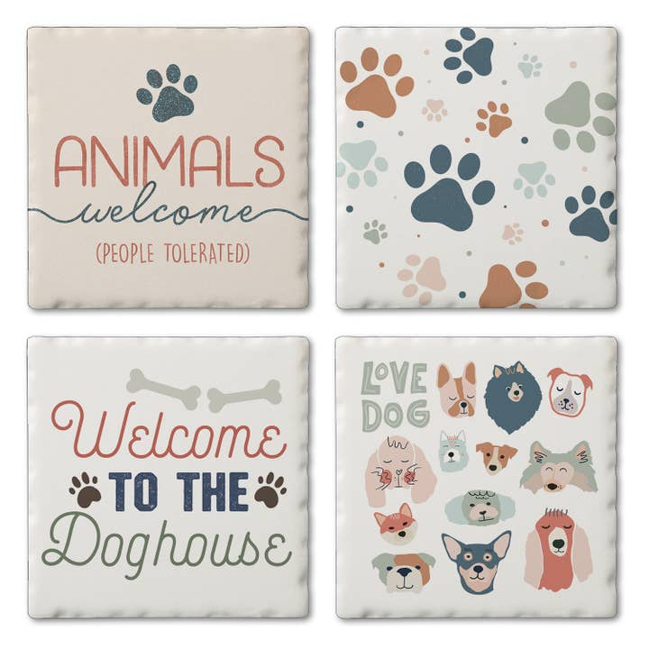 Onderzetterset „Dogs Welcome”, set van 4 stuks met verschillende afbeeldingen voor wholesale door CounterArt/Highland Home/Thirstystone