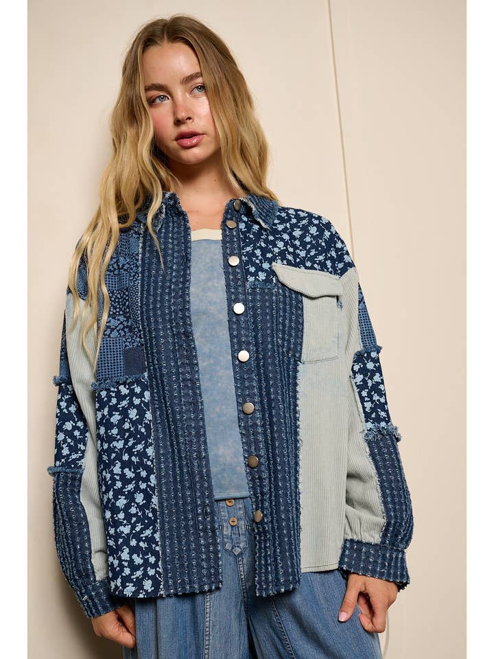 PATCHWORK MIX MEDIA PRINT OVERSIZED DENIM JACKT. voor wholesale door mittoshop