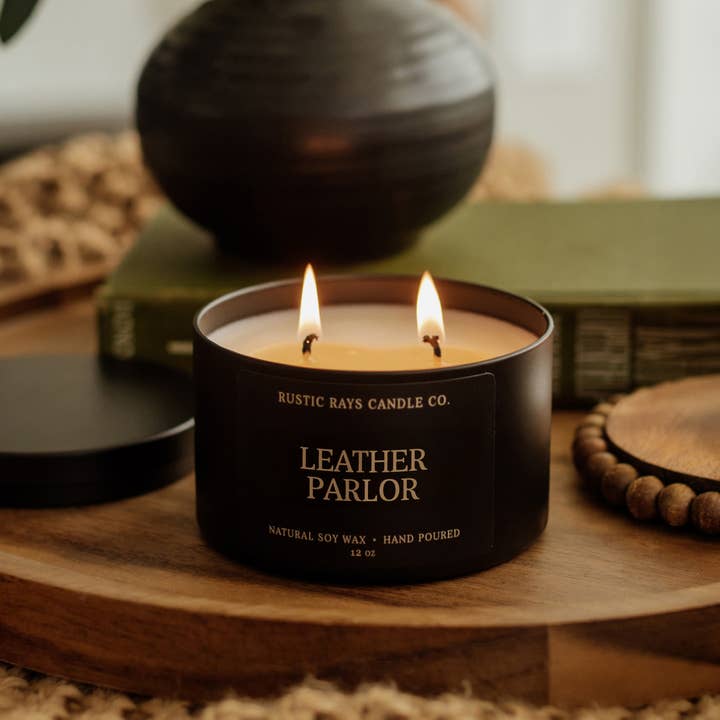 Leather Parlor 12 oz Soy Candle - Home Decor & Gifts for wholesale by Rustic Rays Candle Co.