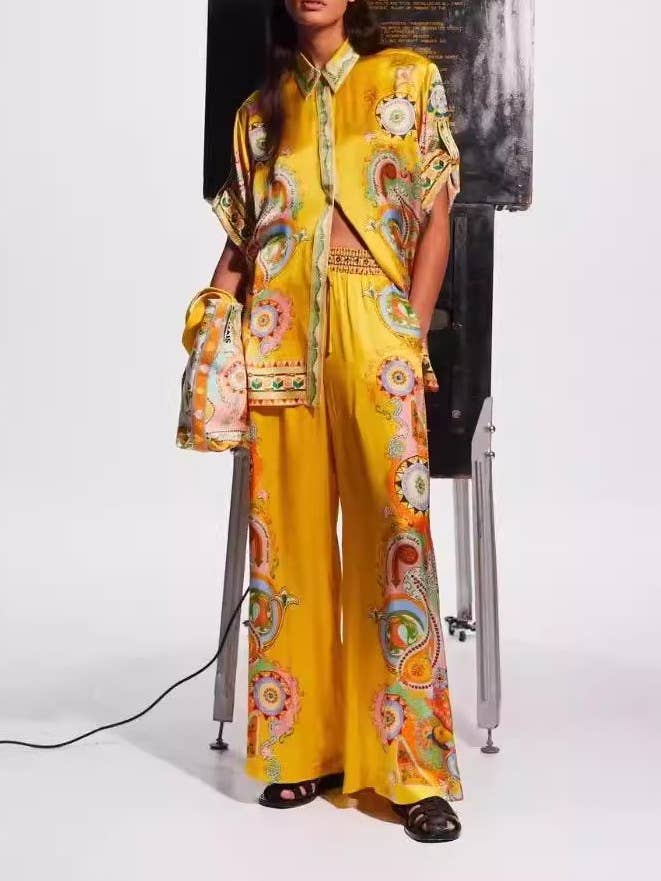 Satin Unique Cashew Flower Print Shirt And Pants Set for wholesale by Rosa Clothing