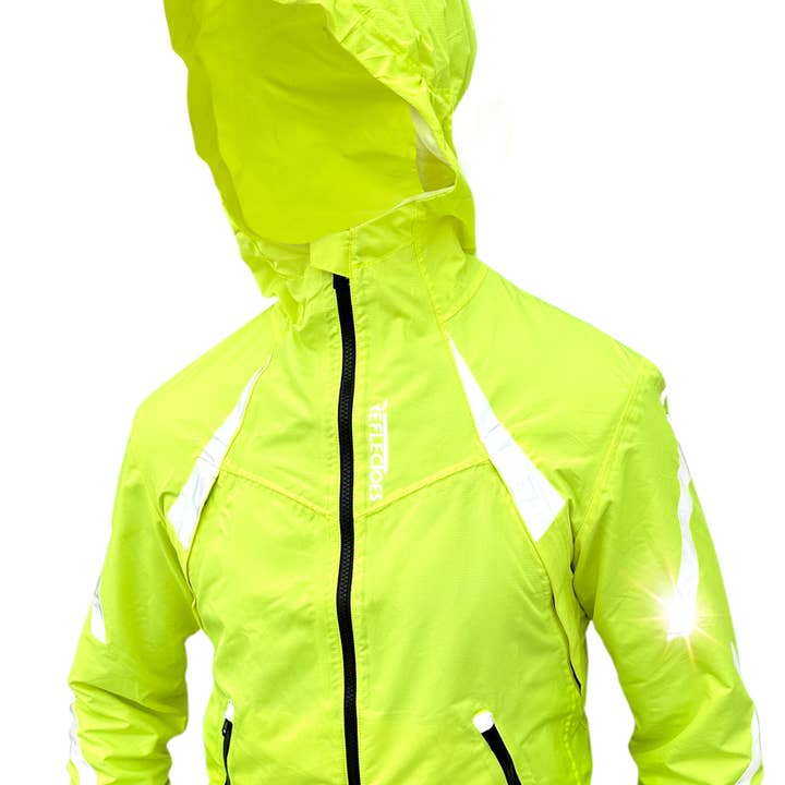 REFLECTIVE RAIN JACKET SHELL WITH HOOD AND PIT VENTS for wholesale by ReflecToes