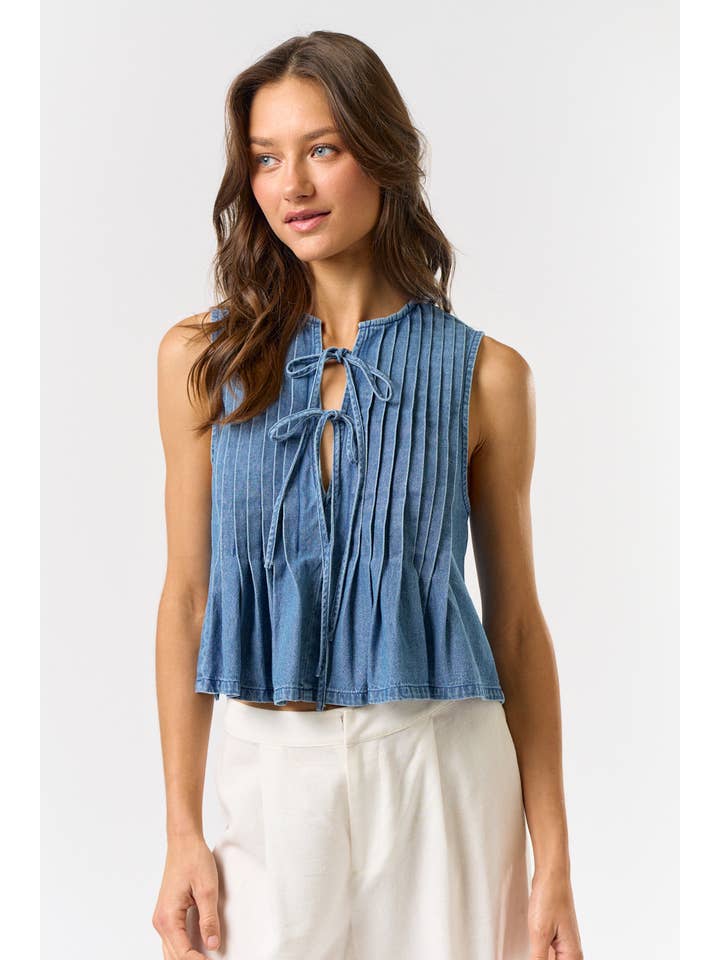 ILT5631 Denim Front Tie Pleated Top for wholesale on Faire
