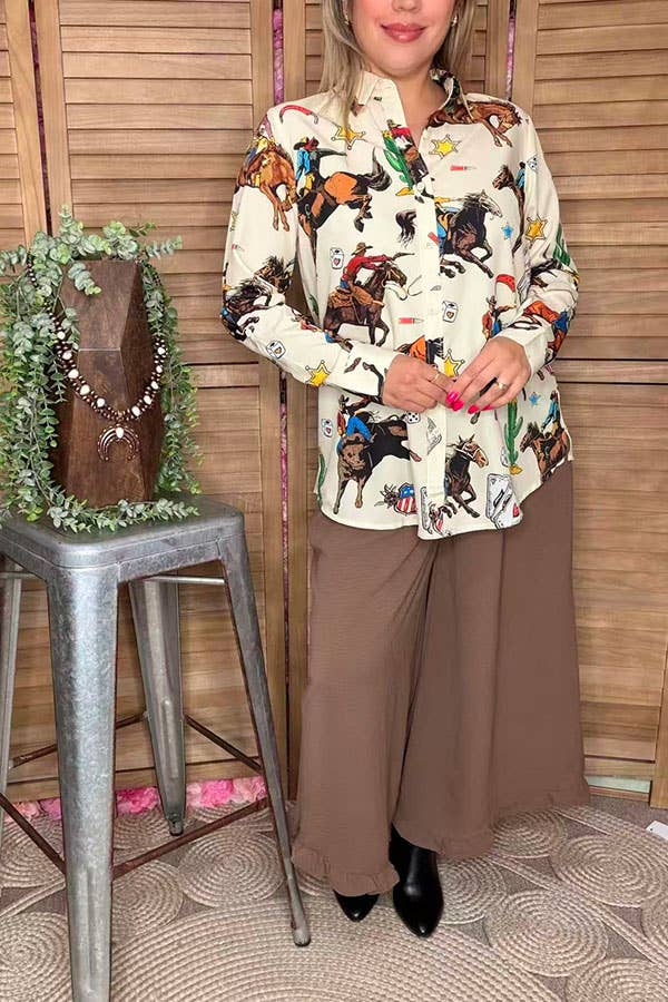 luluclothes - Wholesale Button Down Shirt - Women's -  Western pattern beige long sleeve women shirts GJQ16673 1