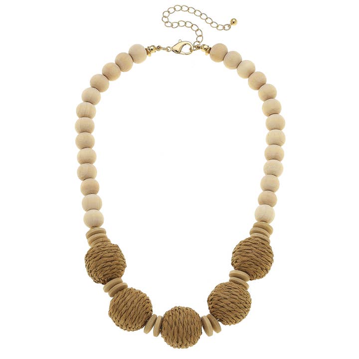 Celeste Wood & Wicker Beaded Statement Necklace in Natural for wholesale by Canvas Style