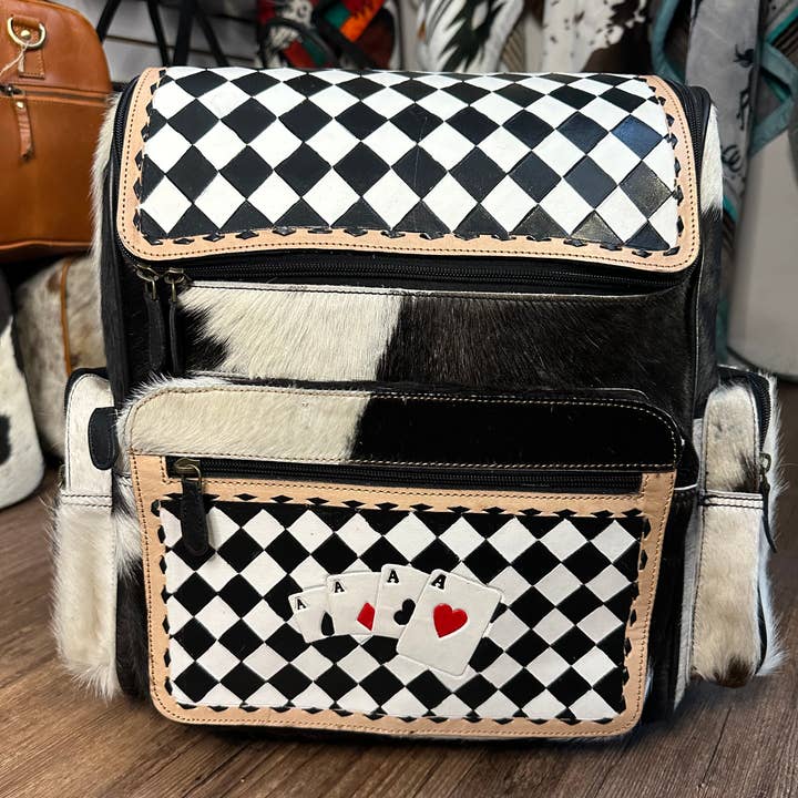 Checkered Tooled Leather Cowhide Backpack Diaper Bag for wholesale by Sunshine Home Textile