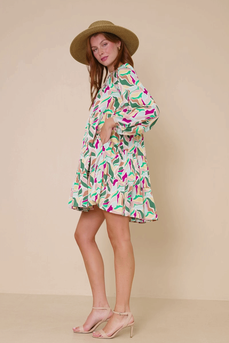 Magenta Mix Womens Abstract Floral Tiered Ruffle Neck Satin Dress for wholesale on Faire2