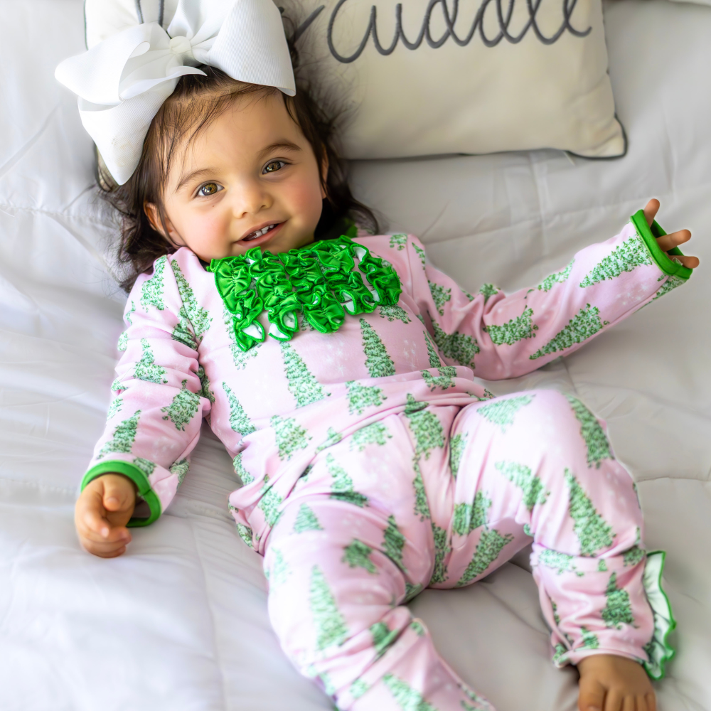 Sugar Bee Clothing - Wholesale Sleepwear Set - Kids - Christmas 2025 Pajamas - Ruffle Buttflap - Pink Trees 4