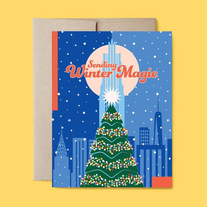Belle Belette - Wholesale Season's Greetings Card - NYC Winter Magic - Rockefeller Tree Glitter Holiday Card0