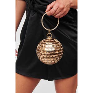 Rhinestone Fringe Disco Ball Clutch Purse - Gold