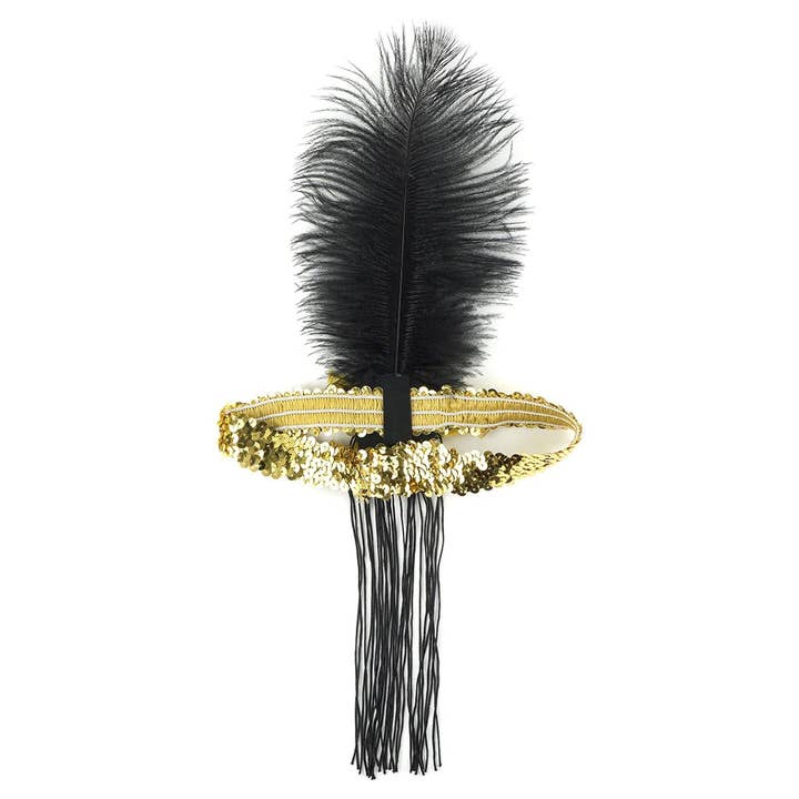 Zucker Feather Products - Wholesale Fashion Headband - Women's - Flapper Feather Headband w/Tassel - Gold and Black2