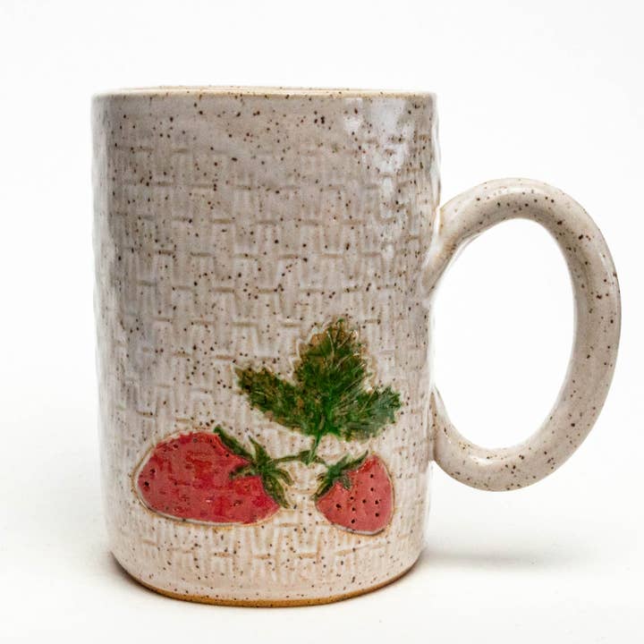 Strawberry Pattern Handmade Ceramic White 14oz Mug for wholesale by White Squirrel Clayworks