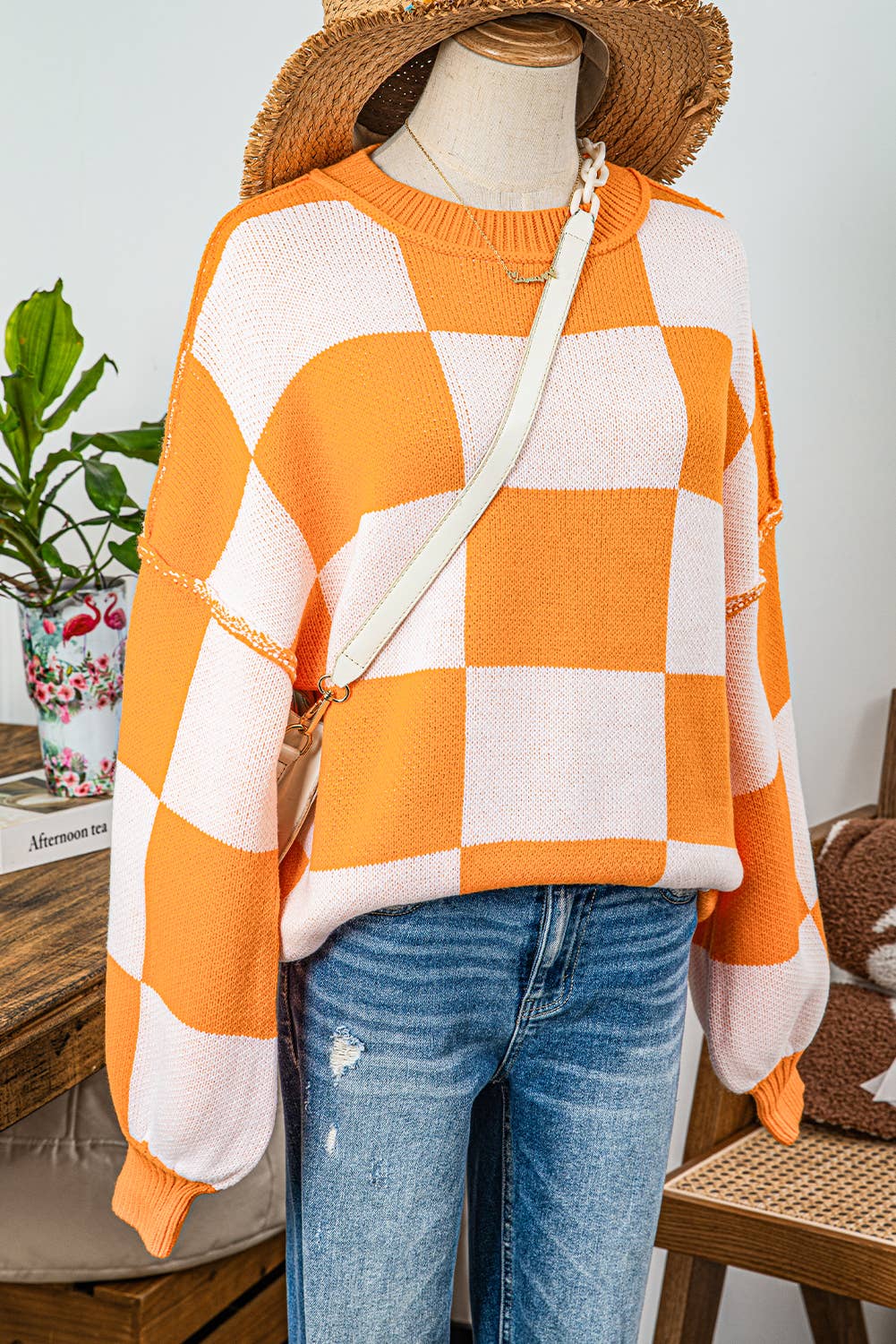 fashionworks - Wholesale Knit Sweater - Women's - Fashion-W Checkered Bishop Sleeve Sweater*S-2XL14