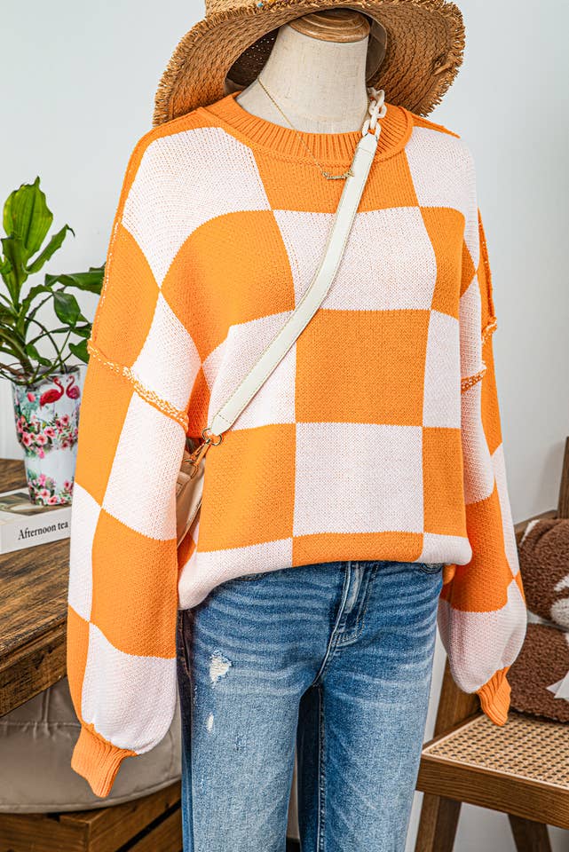 fashionworks - Wholesale Knit Sweater - Women's - Fashion-W Checkered Bishop Sleeve Sweater*S-2XL14