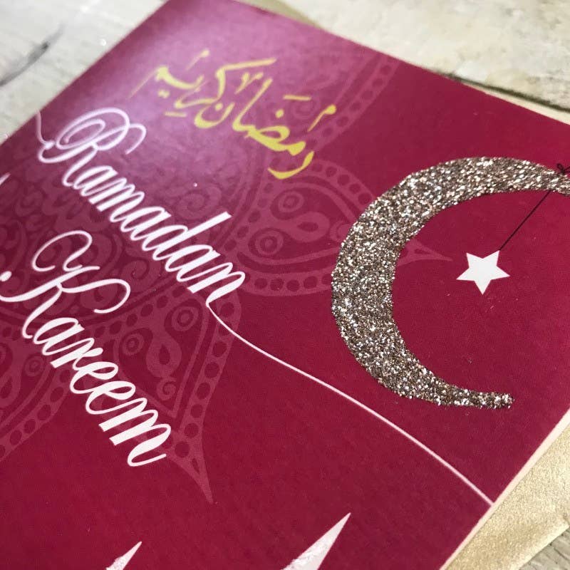 White Cotton Cards – wholesale Everyday greeting card – Ramadan Kareem - Deep Red Sky & Gold Moon (R2)1